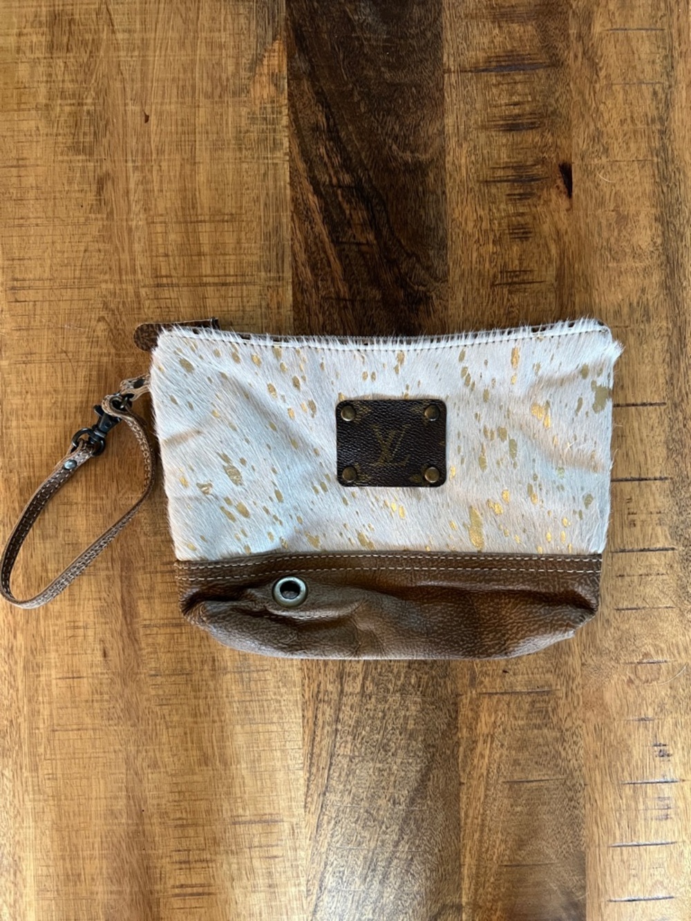 Myra Bag White Haircalf Wristlet with Brown Leather Trim and Gold Flecks